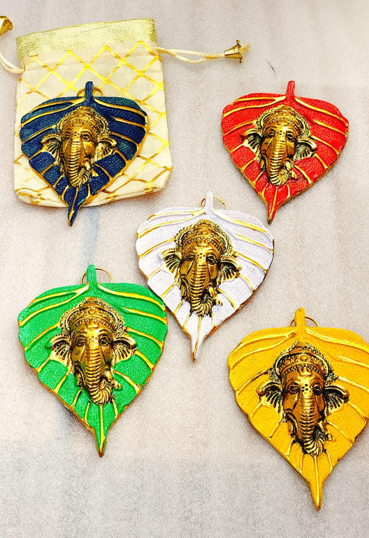 Set of 3 - Gold Plated German Silver Betel Leaf Hanging Ganesh with Enamel