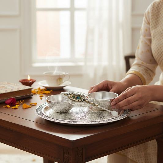 Antique Finish German Silver Tilak Thali Set with Chevron Gota Bag