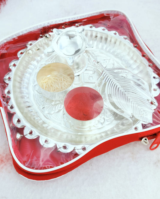 German Silver Ghungaru Aarti Thali Set with Tika Stick - Housewarming Gift/Hostess Gift
