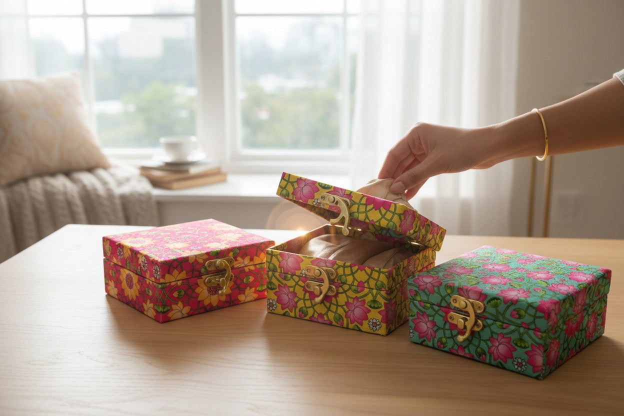 Lotus Print Gift Boxes - Set of 3 - Perfect To Pack Small Gifts Like Diya, Jewelry, Prasad