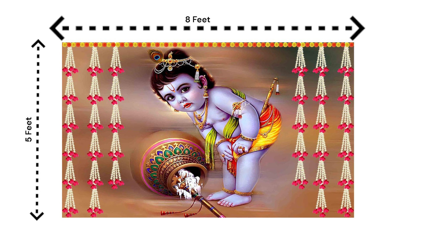 5x8 Feet Fabric Reusable Lord Krisha's Backdrop Banner for Janmashtami, Baby Shower or any Auspicious Occasions or pooja (1095)