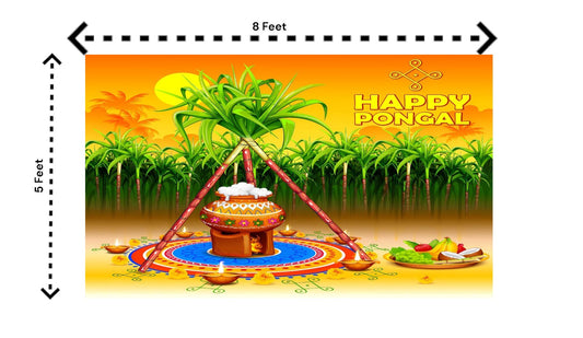 5x8 Feet Fabric Reusable Happy Pongal Backdrop Banner for Pongal Festival