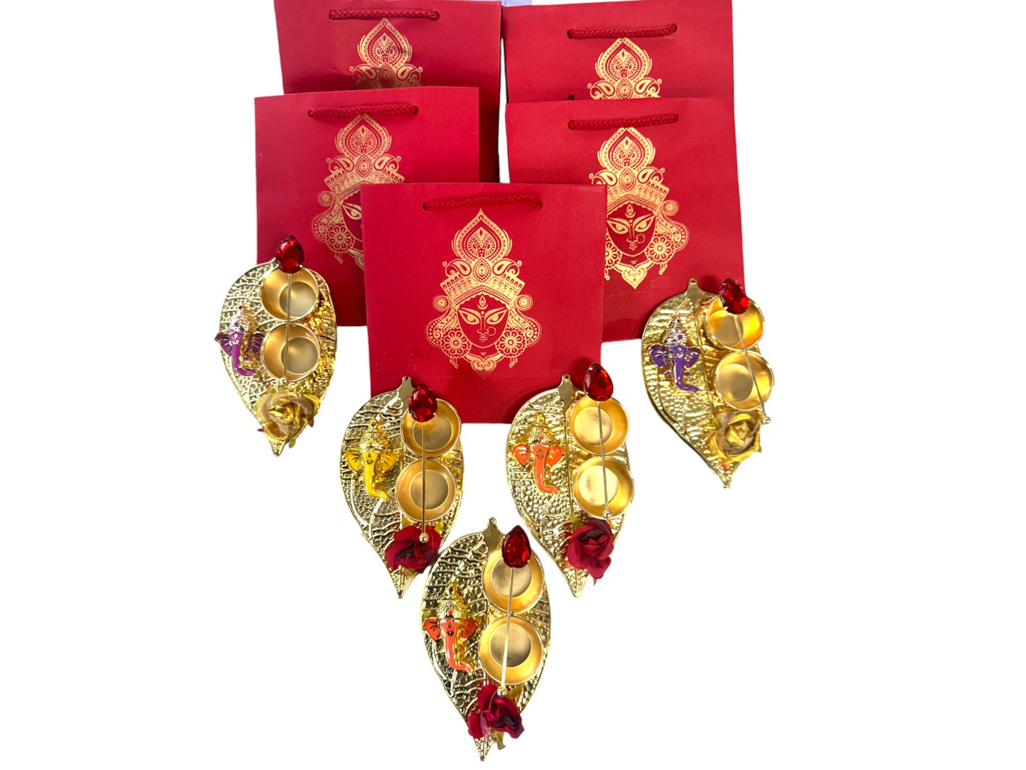 Ready to give Combo includes Beautiful Haldi Kumkum Plate with Durga Gift Bag - Set of 5 for Golu, Karwa Chauth, Navratri, Diwali Party, Indian Festivals