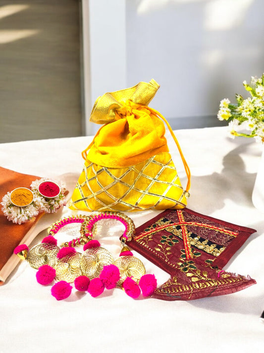 Set of 5 - Ready to give Combo includes One Adjustable Spiral Design Bangle Pair & One Fabric Kite in Velvet Potli Gift Bag for Makar Sankrant Haldi Kumkum Ceremony