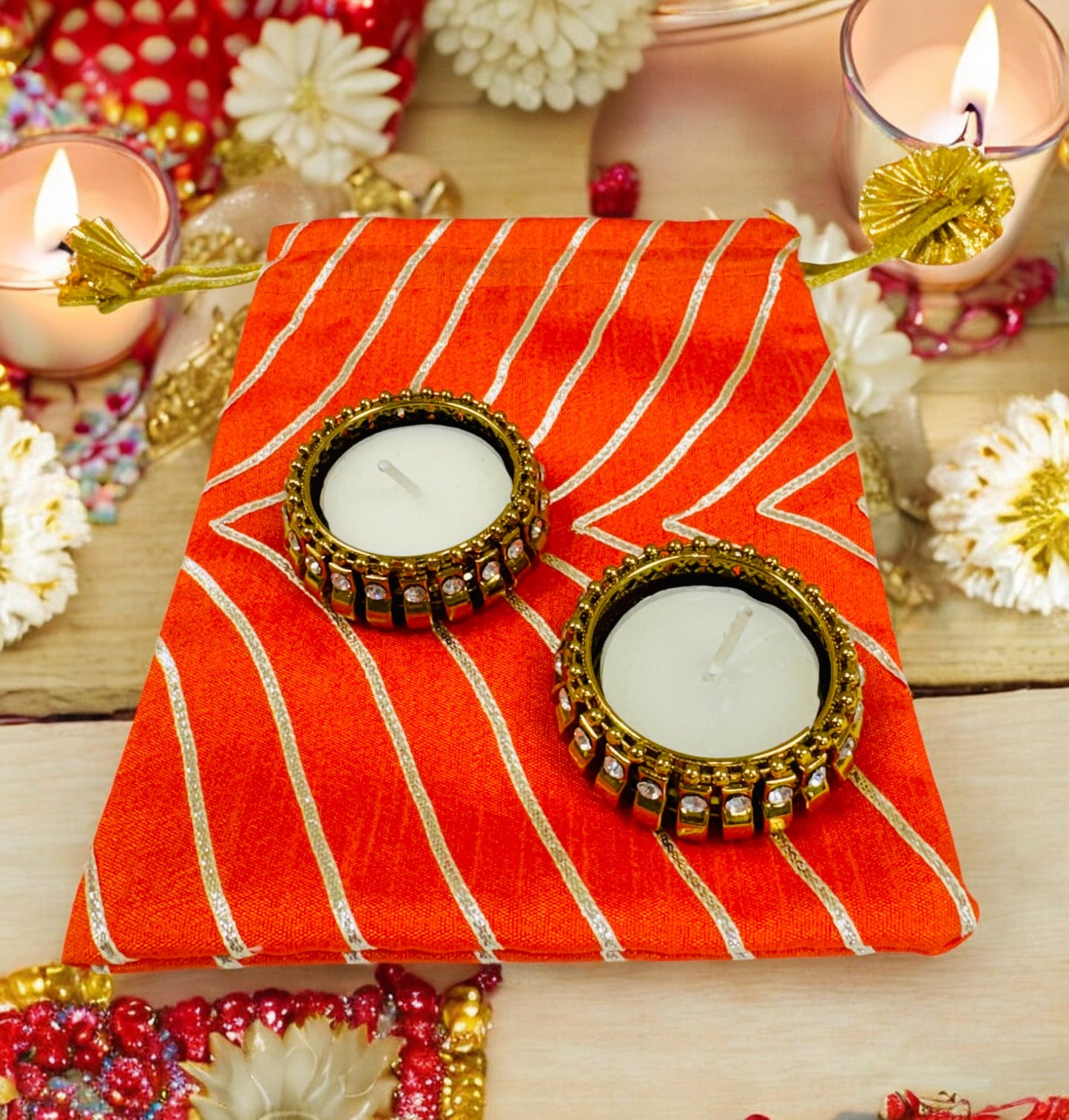 Ready-to-gift Combo Set includes Two Velvet Kundan Diya's with Potli Gift Bag