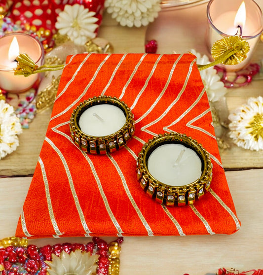Ready to give Combo Set includes Two Kundan Diya's with Potli Gift Bag, Set of 4