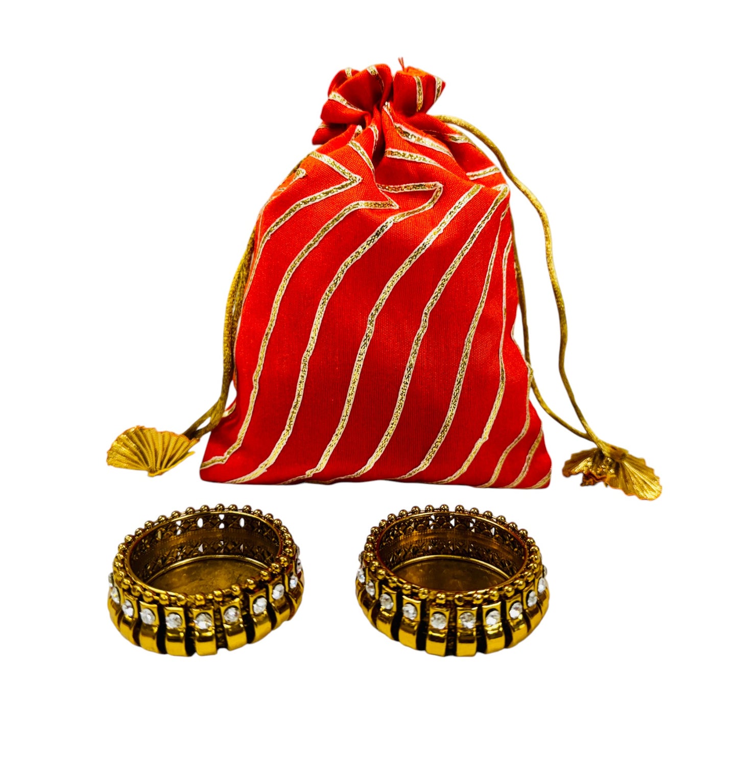 Ready to give Combo Set includes Two Kundan Diya's with Potli Gift Bag, Set of 4