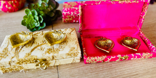 Ready-to-gift Combo Set includes Two Metal Diya's with Embroidered Gift Box set of 4 for Diwali or Indian Festivals or Occasions as Return Gift
