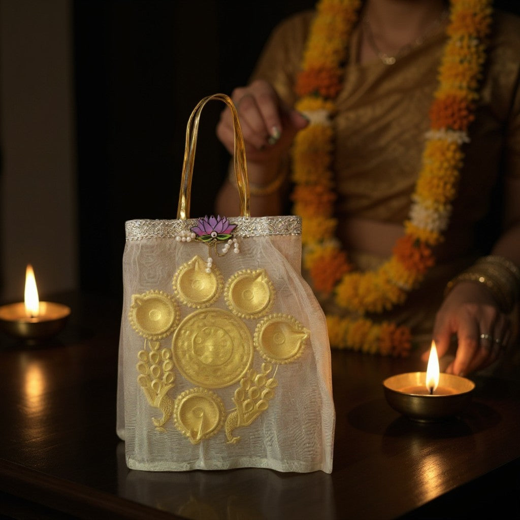 Small Peacock Urli with Tissue Bags Combo - Return Gifts for Housewarming, Diwali or Puja