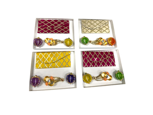 Ready-to-gift Combo includes Beautiful Pouch or Lifafa, Two Clay Handpainted Diya's & Golden Feather Haldi-Kumkum Plate with Gift Box- Set of 4 for Diwali or Indian Festivals or Occasions as Return Gift