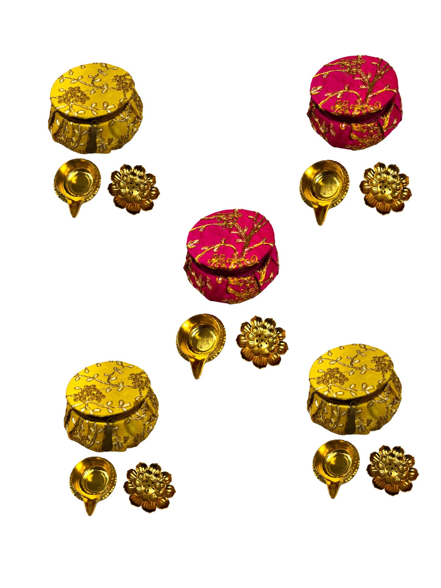 Ready-to gift Combo Set includes Metal Kuber Diya, Incense Stick Holder with Mataki Shape Embroidered Gift Box Set of 4 for Diwali or Indian Festivals or Occasions as Return Gift