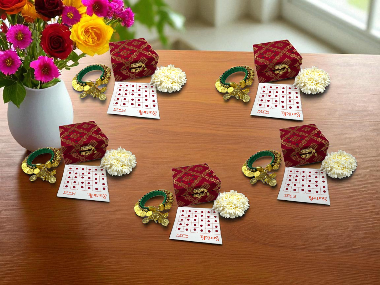 Ready to Give Combo for Karwa Chauth includes Penny Bangle, Gajra Bun & Bindi in Brocade Box - Set of 5