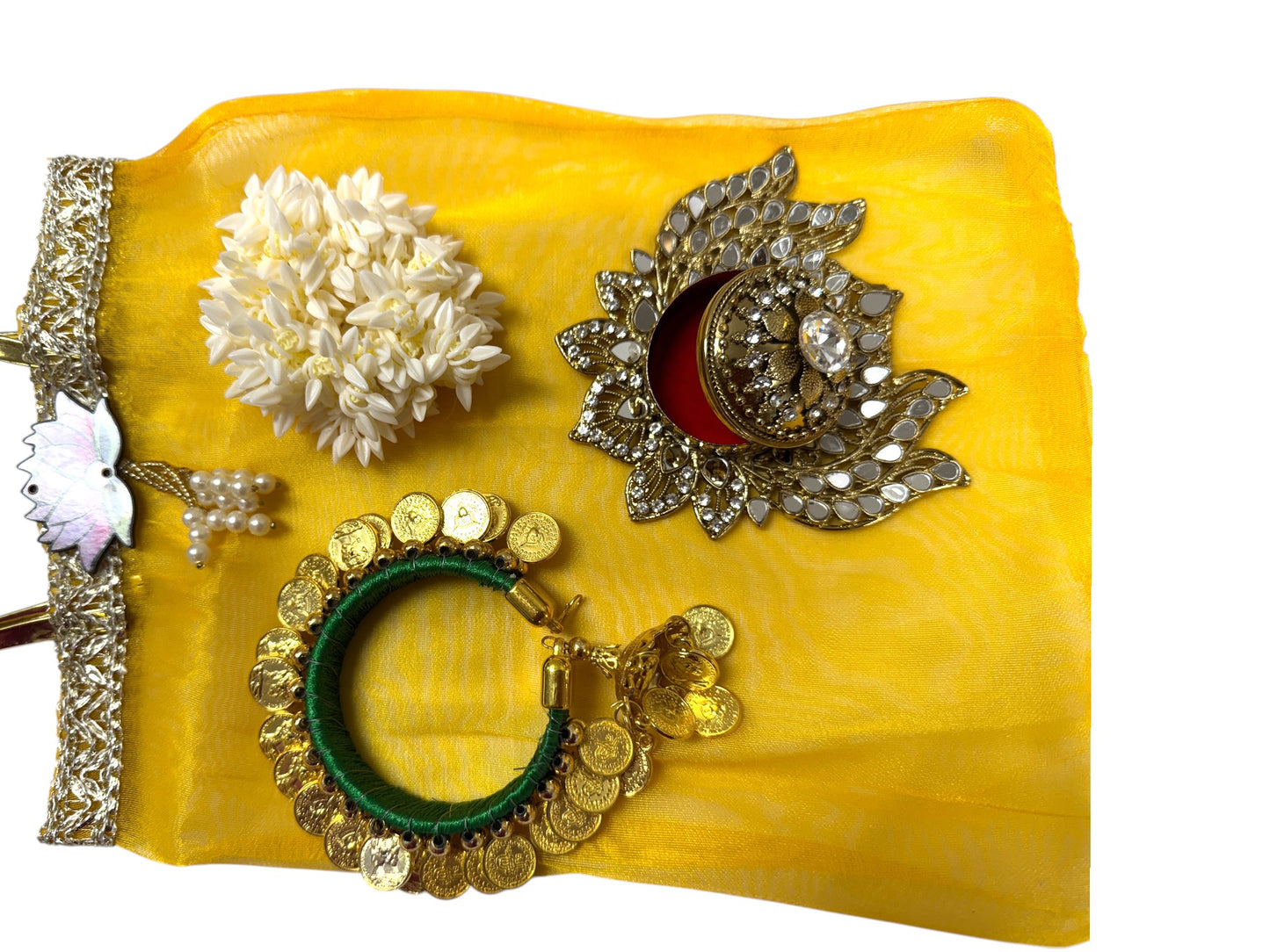Ready to Give Combo for Karwachouth includes Penny Bangle, Gajra Bun & Lotus Sindoor Dani in Tissue Bag - Set of 5