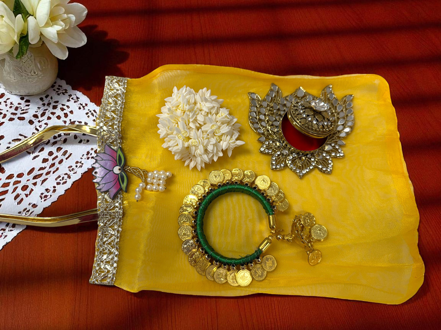Ready to Give Combo for Karwachouth includes Penny Bangle, Gajra Bun & Lotus Sindoor Dani in Tissue Bag - Set of 5
