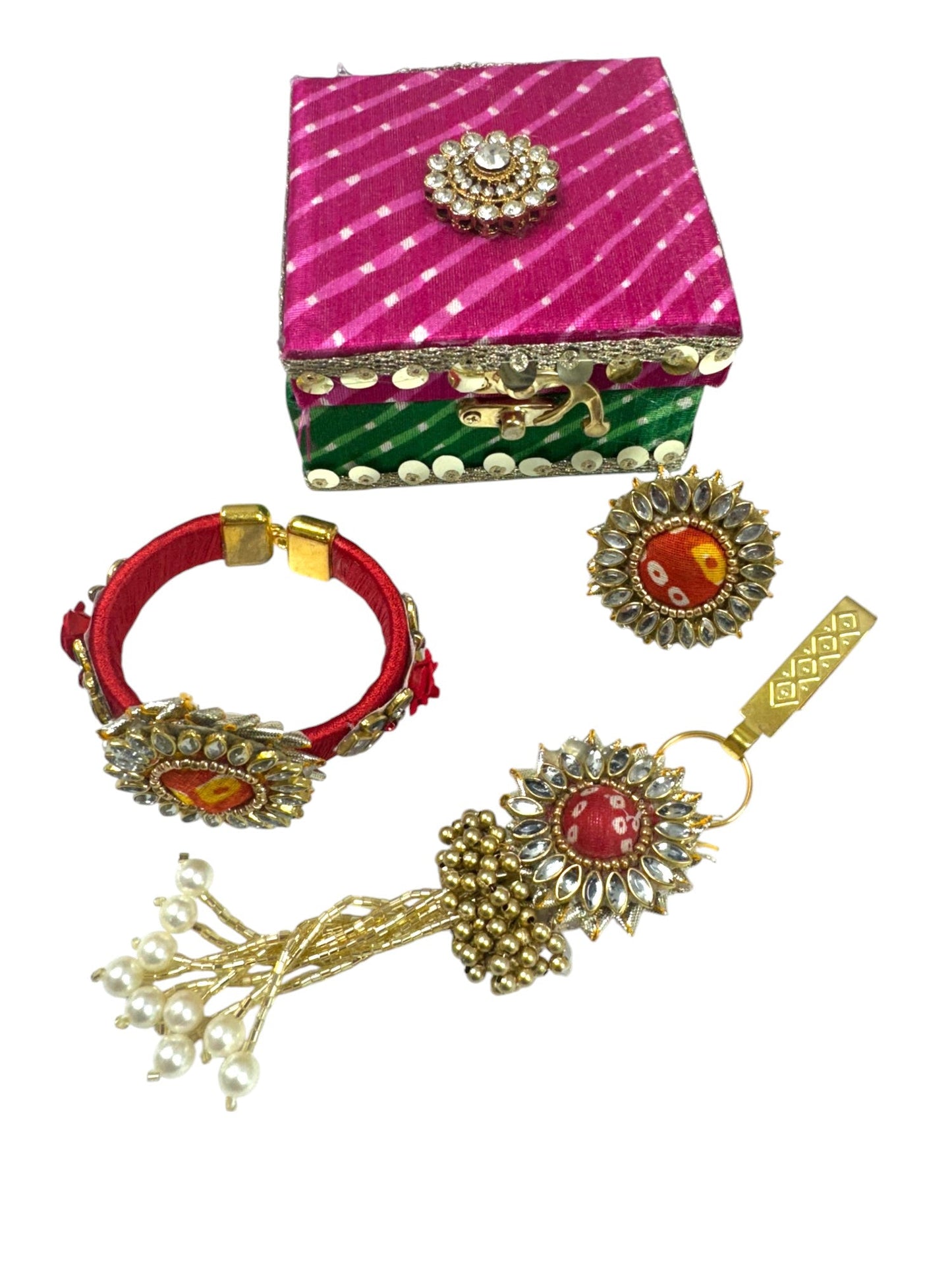 Bangle with Rose Booties, Satka & Ring - Pink Green Gift Box