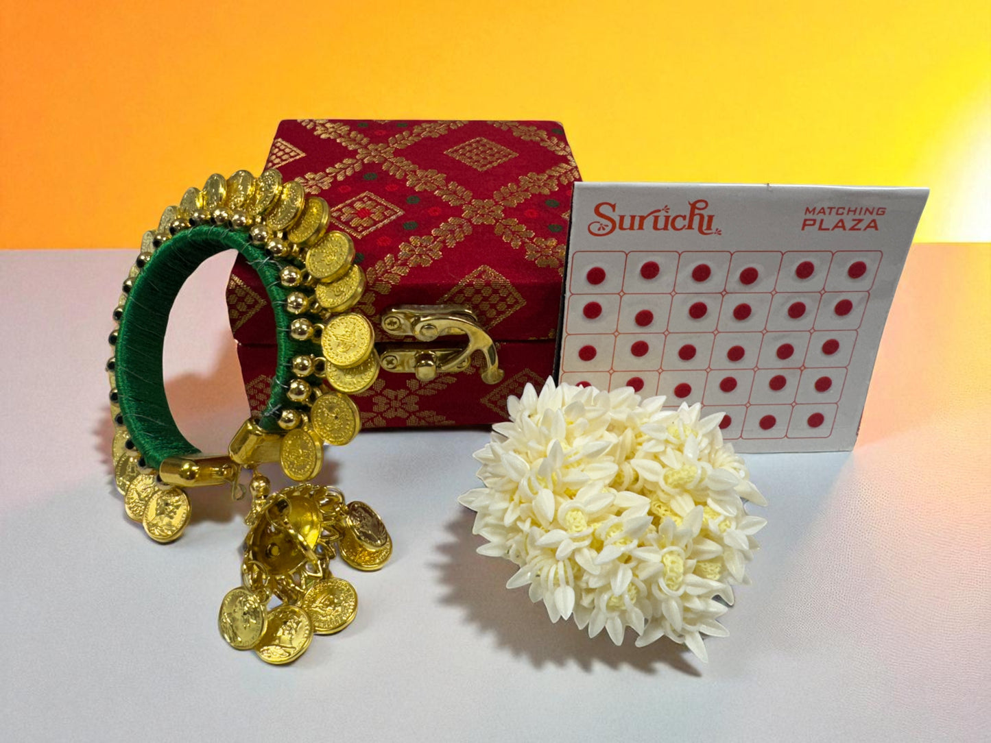 Ready to Give Combo for Karwa Chauth includes Penny Bangle, Gajra Bun & Bindi in Brocade Box - Set of 5