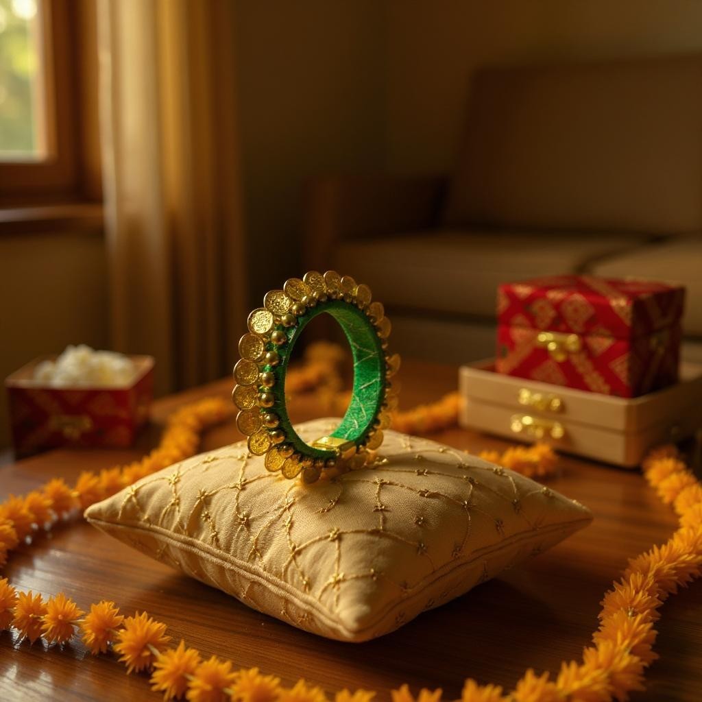 Ready to Give Combo for Karwa Chauth includes Penny Bangle, Gajra Bun & Bindi in Brocade Box - Set of 5