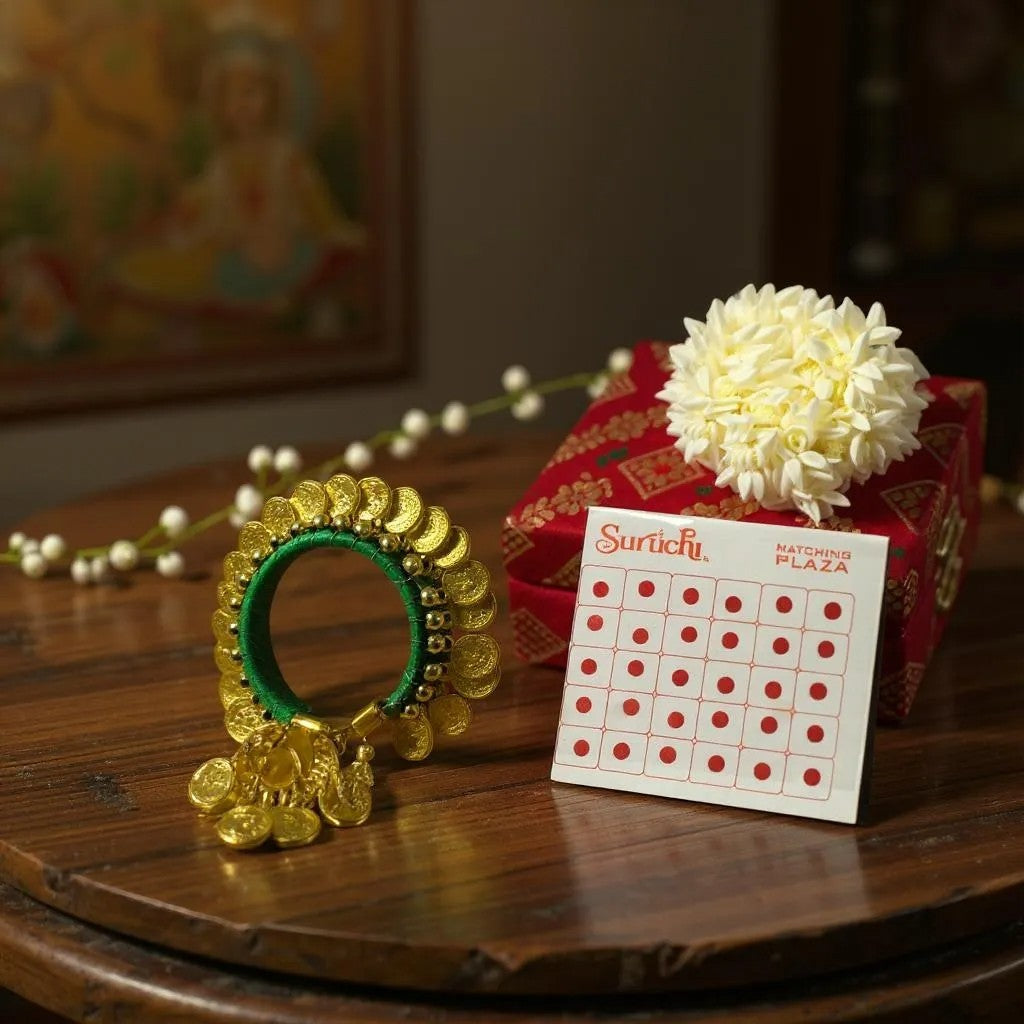 Ready to Give Combo for Karwa Chauth includes Penny Bangle, Gajra Bun & Bindi in Brocade Box - Set of 5