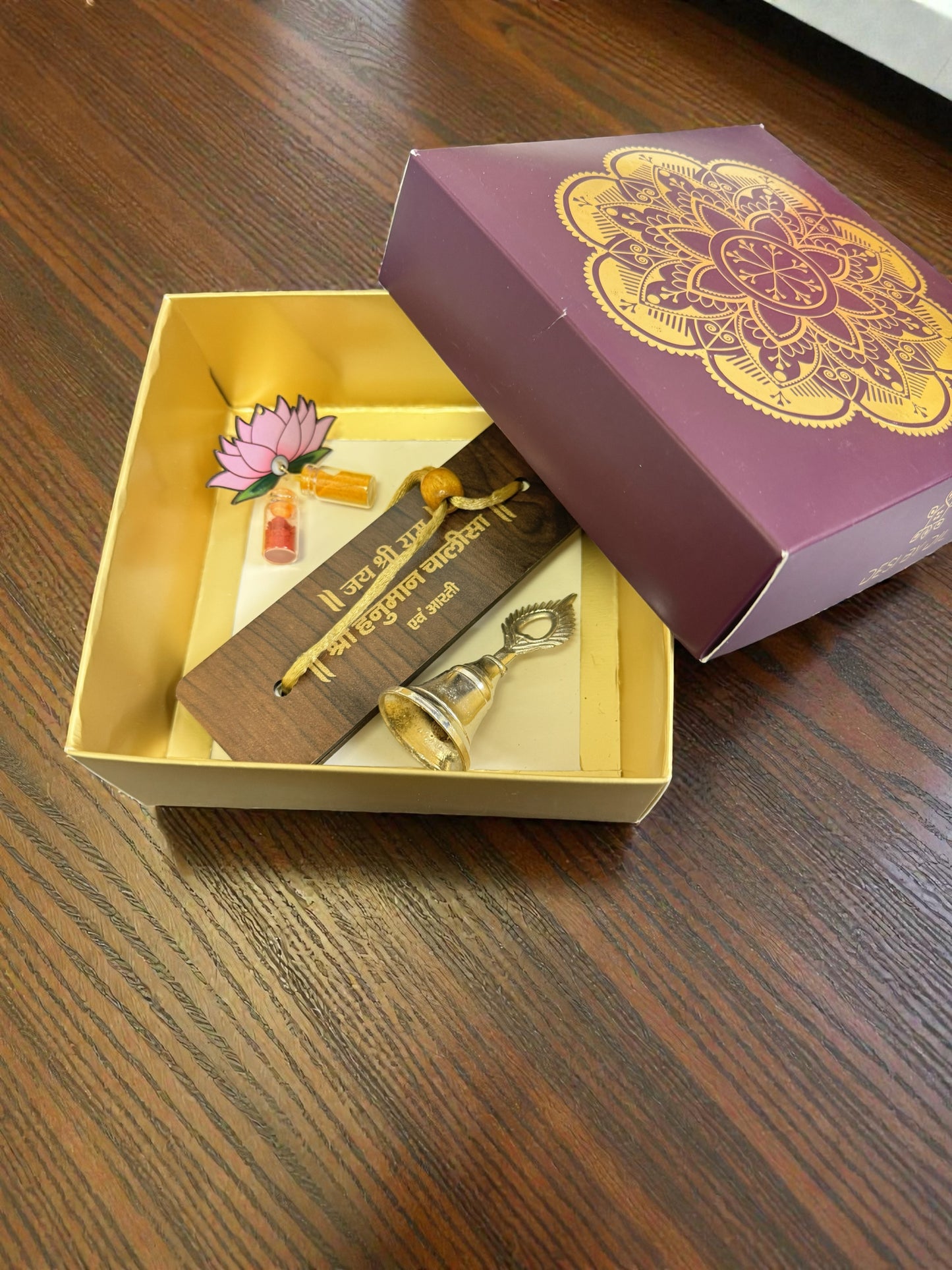 Devotional Combo - Arati Sangrah, Bell & Lotus Haldi Kumkum Packet in Gift Box