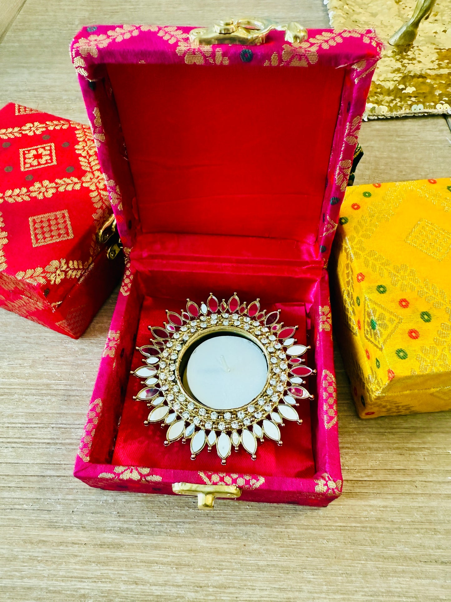 Mirror Metal Diya / T-Light Holder - Exquisite Flower Shaped Diya - Diwali or Indian Celebration Return Gift