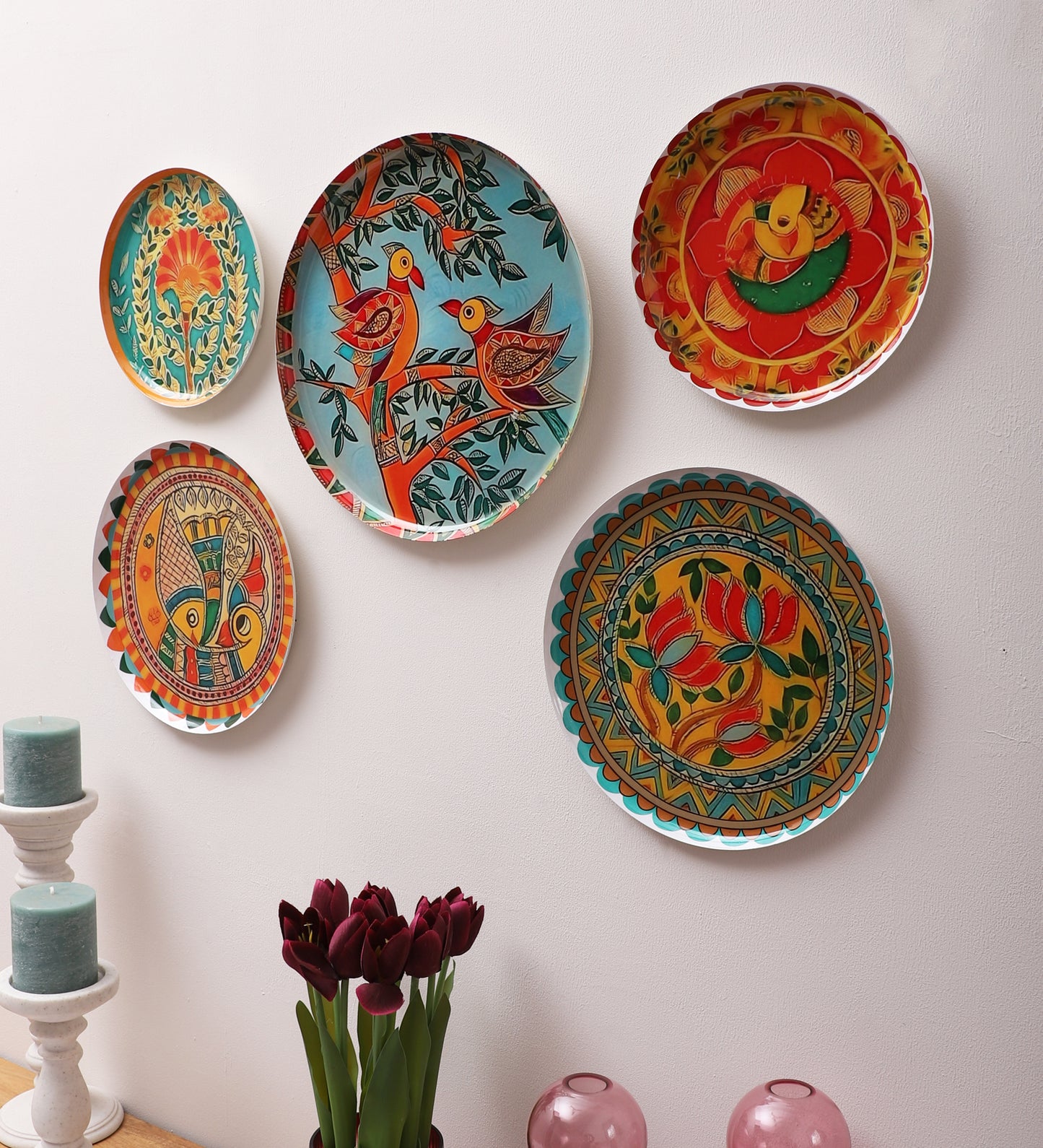 Set of 5 - Round Metal & Meena Wall Plates