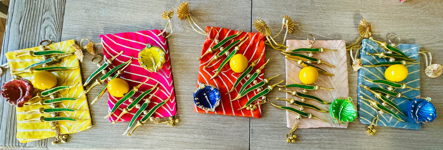 Ready-to-gift Combo Set includes One Metal Yellow & Green Nimbu Mirchi Charm & One Hand painted Clay Diya with Potli Gift Bag Set of 5 for Diwali or Indian Festivals or Occasions as Return Gift
