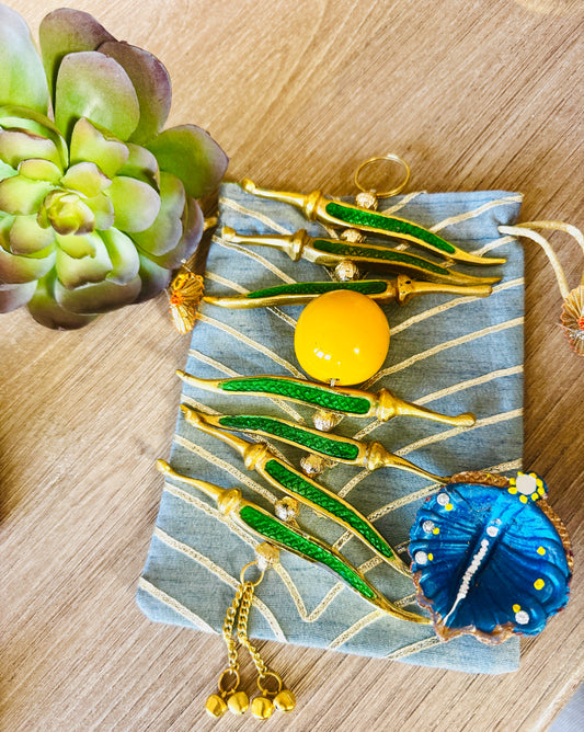 Ready-to-gift Combo Set includes One Metal Yellow & Green Nimbu Mirchi Charm & One Hand painted Clay Diya with Potli Gift Bag Set of 5 for Diwali or Indian Festivals or Occasions as Return Gift