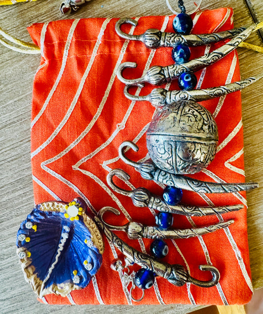 Ready-to-gift Combo Set includes Oxidized Nimbu Mirchi Charm & Hand painted Clay Diya with Potli Gift Bag Set of 5 for Diwali or Indian Festivals or Occasions as Return Gift