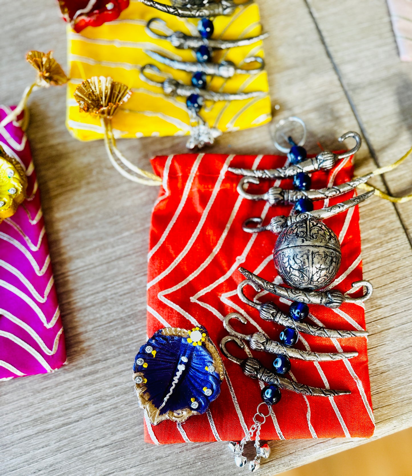 Ready-to-gift Combo Set includes Oxidized Nimbu Mirchi Charm & Hand painted Clay Diya with Potli Gift Bag Set of 5 for Diwali or Indian Festivals or Occasions as Return Gift