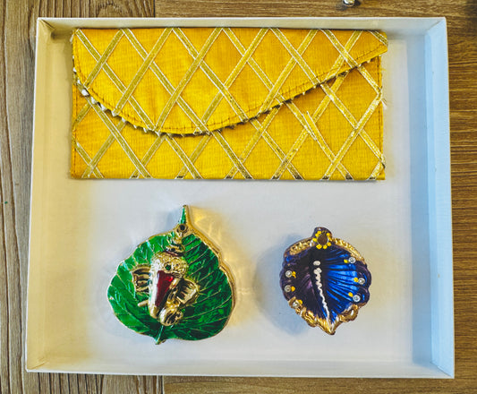 Ready-to gift Combo includes Beautiful Shagun Pouch or Lifafa, Two Handpainted Clay Diya's & Green Leaf Haldi-Kumkum Plate with Gift Box- Set of 4 for Diwali or Indian Festivals or Occasions as Return Gift