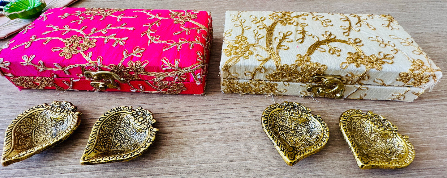 Ready-to-gift Combo Set includes Two Metal Diya's with Embroidered Gift Box set of 4 for Diwali or Indian Festivals or Occasions as Return Gift