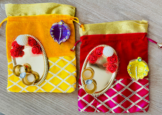 Ready-to-gift Combo Set includes One Beautiful Pearl Haldi Kumkum Plate & One Handpainted clay Diya with Potli Gift Bag Set of 4 for Diwali or Indian Festivals or Occasions as Return Gift