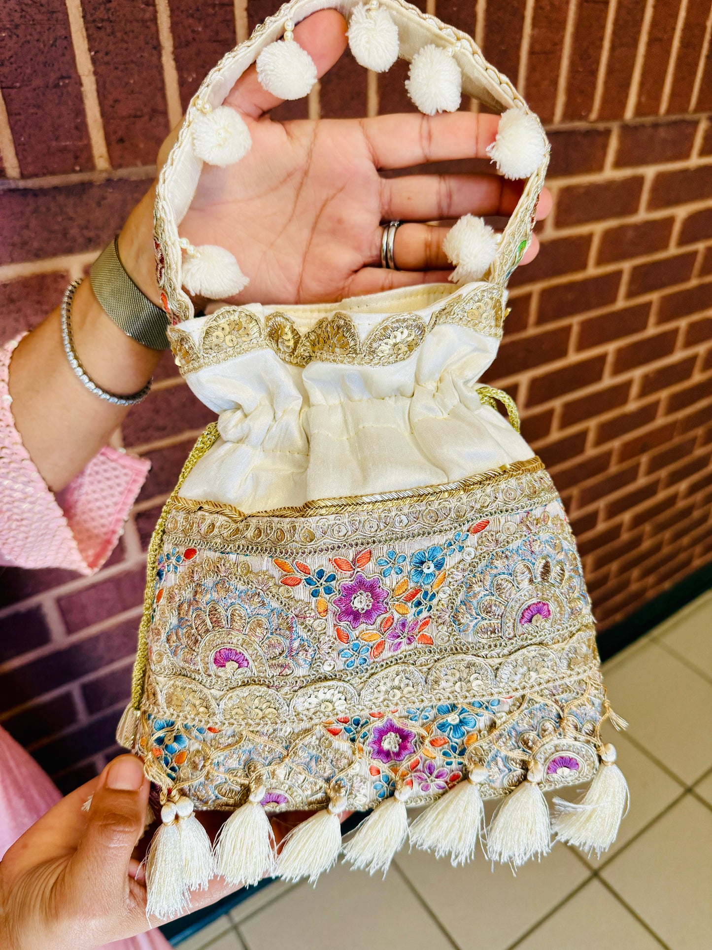 Silk Potli Bag with Hand Embroidery, Pom Pom & Tassels