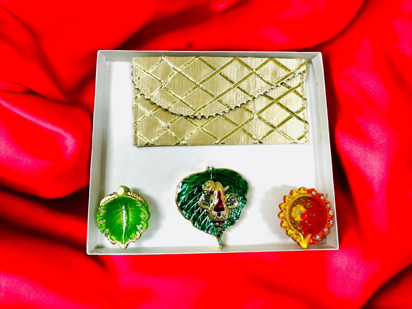 Ready-to gift Combo includes Beautiful Shagun Pouch or Lifafa, Two Handpainted Clay Diya's & Green Leaf Haldi-Kumkum Plate with Gift Box- Set of 4 for Diwali or Indian Festivals or Occasions as Return Gift