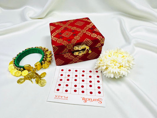 Ready to Give Combo for Karwa Chauth includes Penny Bangle, Gajra Bun & Bindi in Brocade Box - Set of 5