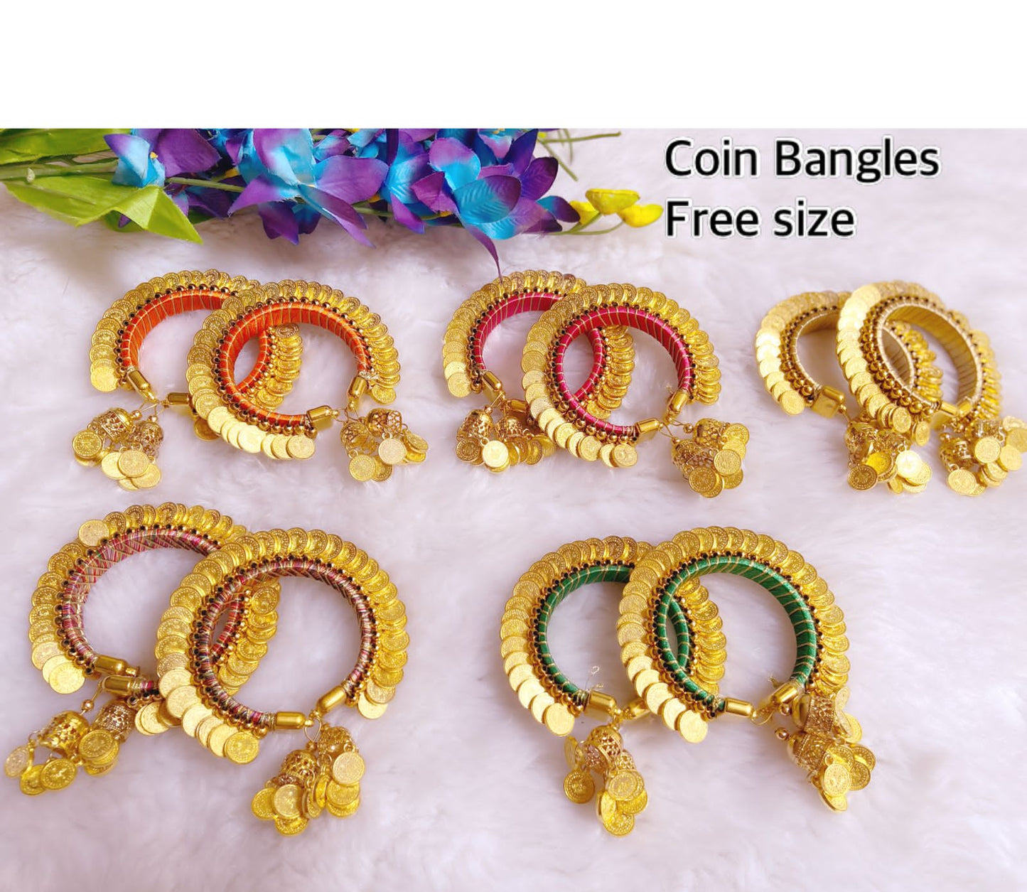 Assorted & Adjustable Penny Bangles with Dangler, Set of 4