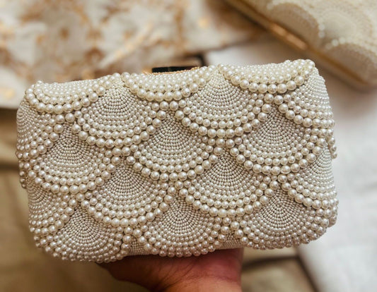 Pearl Beaded Clutch - Scalloped Crossbody Purse Bag