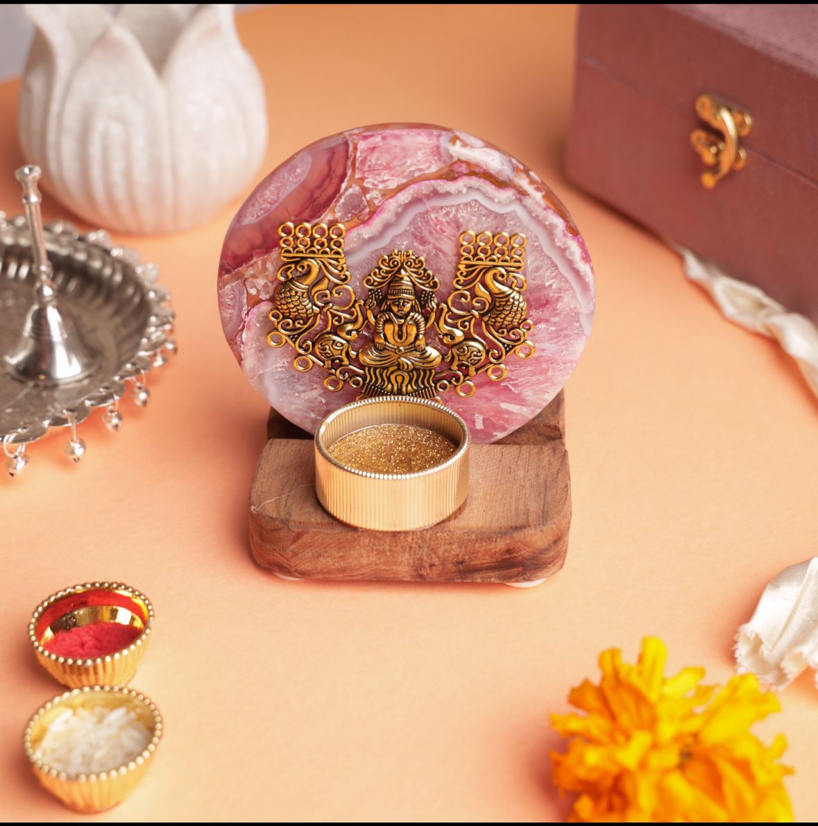 Laxmi on Agate T-light Holder in Velvet Gift Box - Premium Gift for Housewarming/ Hostess Gift