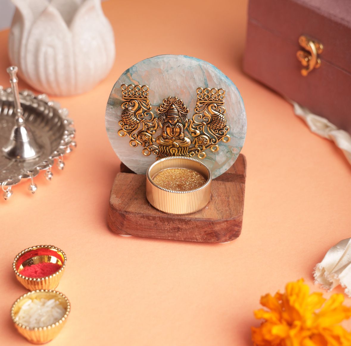 Laxmi on Agate T-light Holder in Velvet Gift Box - Premium Gift for Housewarming/ Hostess Gift