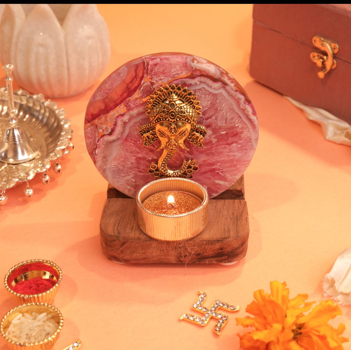 Ganesha on Agate T-light Holder in Suede Gift Box - Premium Gift for Housewarming/ Hostess Gift