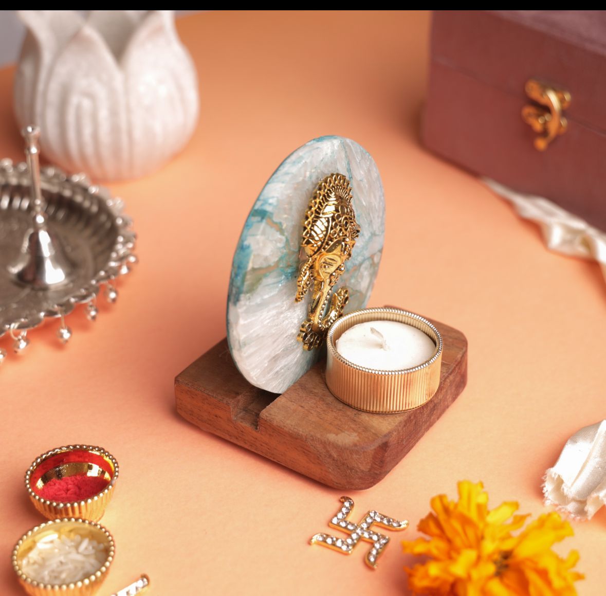 Ganesha on Agate T-light Holder in Suede Gift Box - Premium Gift for Housewarming/ Hostess Gift