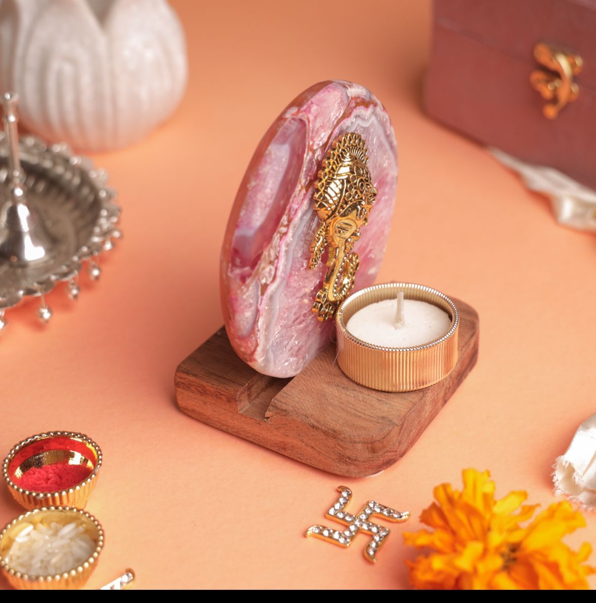 Ganesha on Agate T-light Holder in Suede Gift Box - Premium Gift for Housewarming/ Hostess Gift