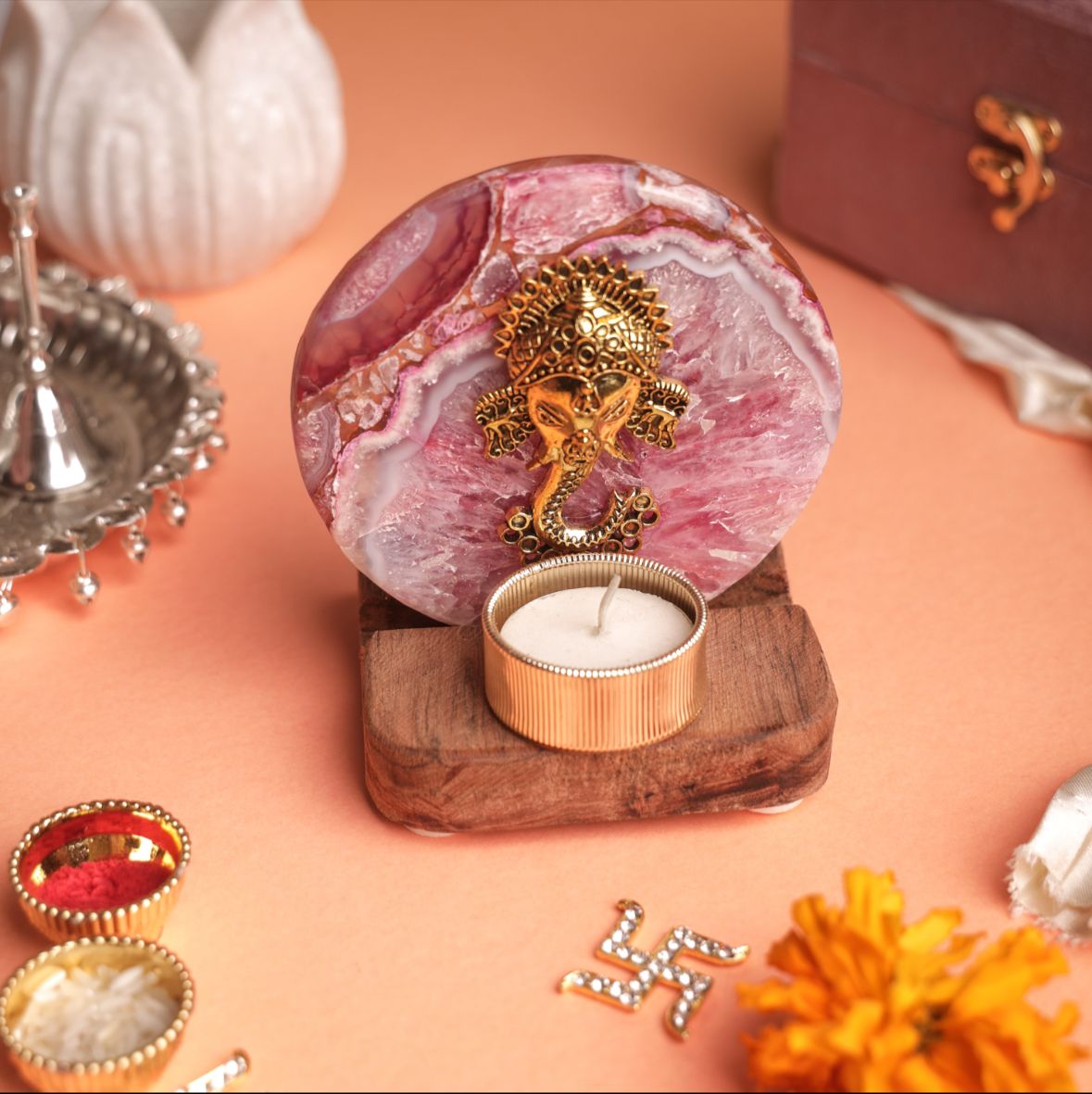 Ganesha on Agate T-light Holder in Suede Gift Box - Premium Gift for Housewarming/ Hostess Gift