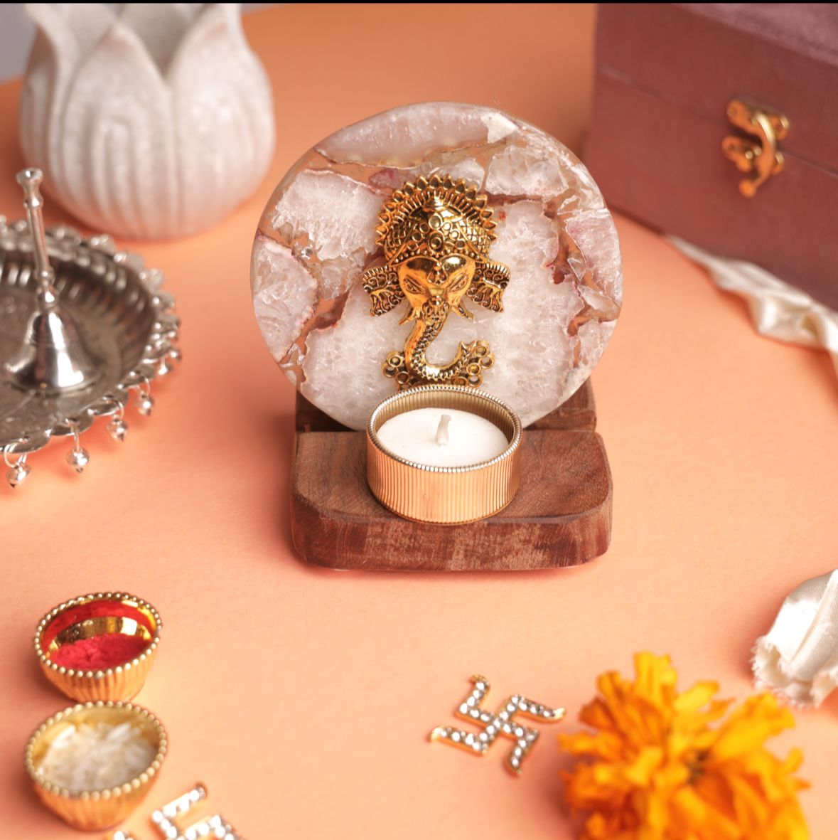 Ganesha on Agate T-light Holder in Suede Gift Box - Premium Gift for Housewarming/ Hostess Gift
