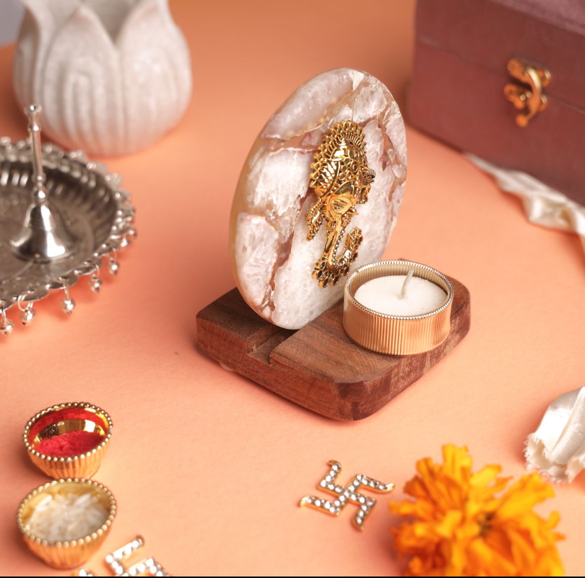 Ganesha on Agate T-light Holder in Suede Gift Box - Premium Gift for Housewarming/ Hostess Gift