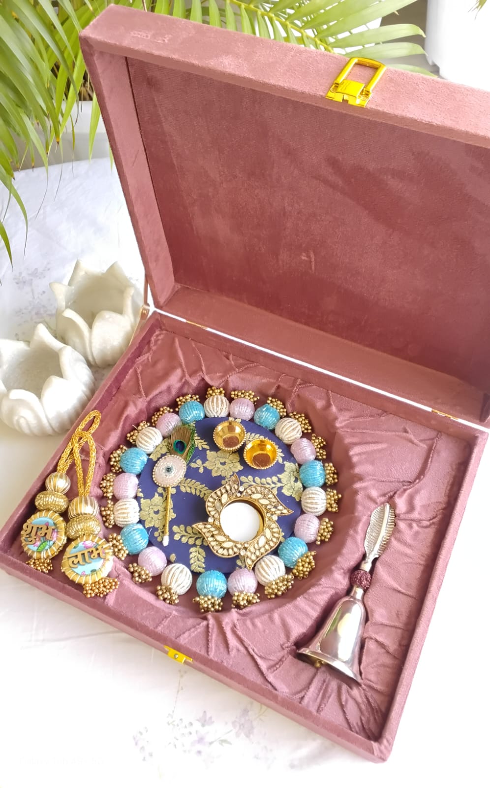 Combo in Gift Box - Haldi Kumkum Platter with Diya, Bell & Shubh Labh - Wedding/Housewarming Gift
