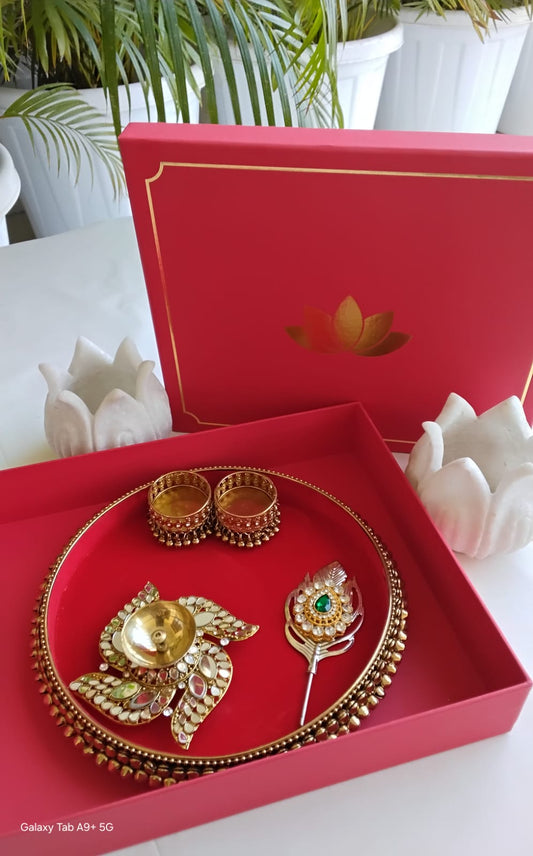 Premium Wedding/Housewarming Gift - Thali with Kumkum Bowls, Stick & Diya in Gift Box