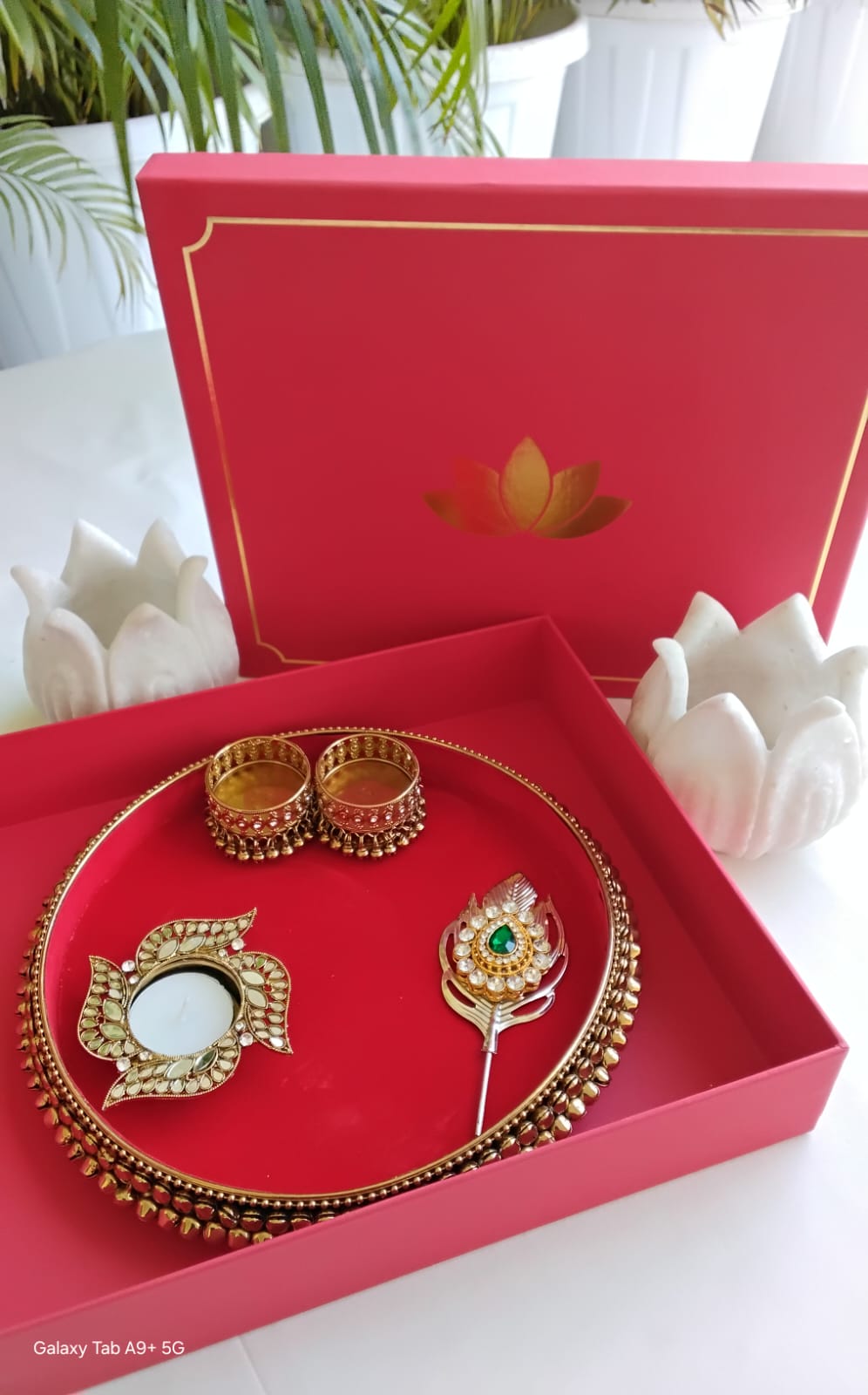 Premium Wedding/Housewarming Gift - Thali with Kumkum Bowls, Stick & Diya in Gift Box