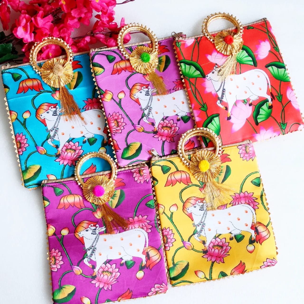 Pichwai & Lotus Print Silk Bags with Zipper & Round Handle, Set of 5