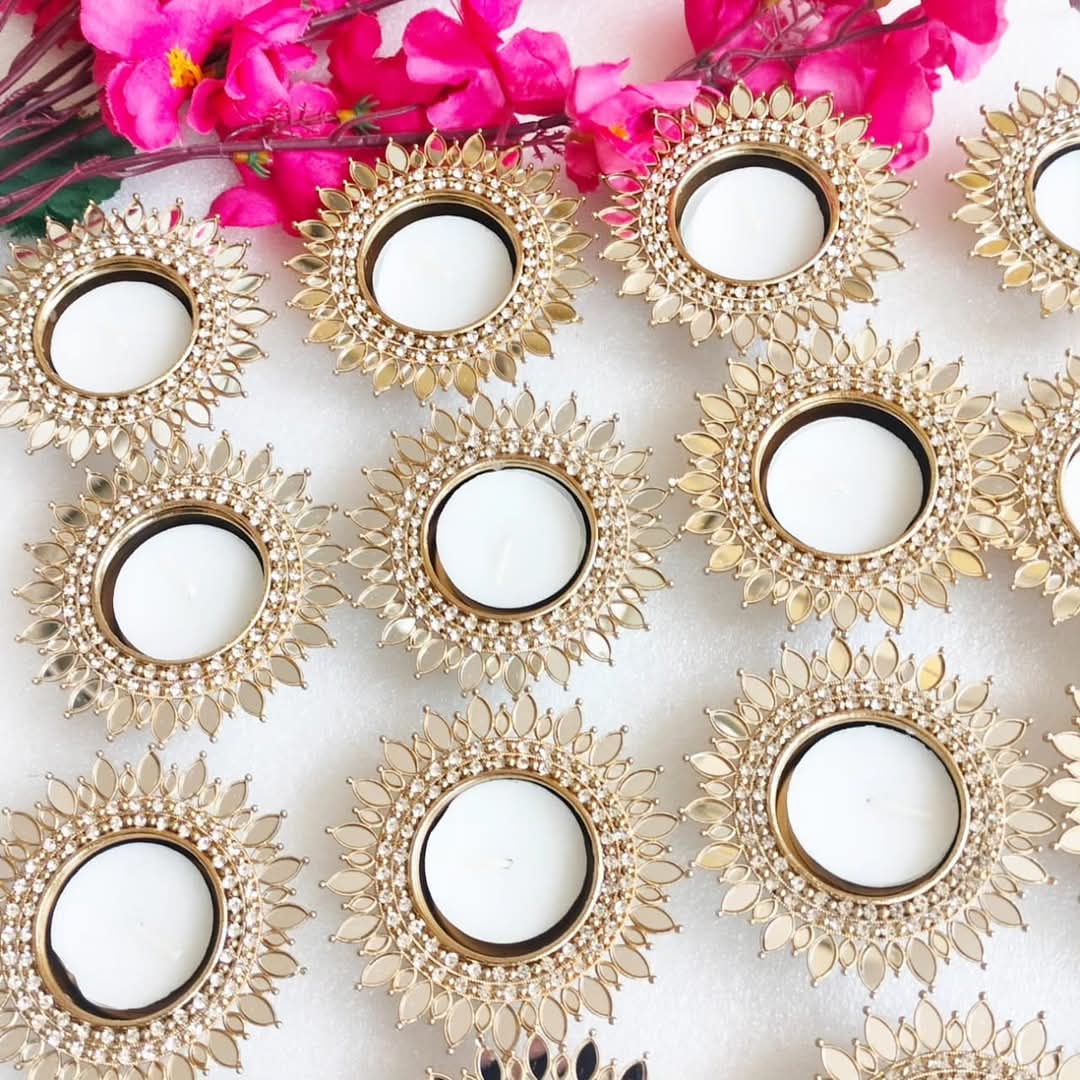 Mirror Metal Diya / T-Light Holder - Exquisite Flower Shaped Diya - Diwali or Indian Celebration Return Gift